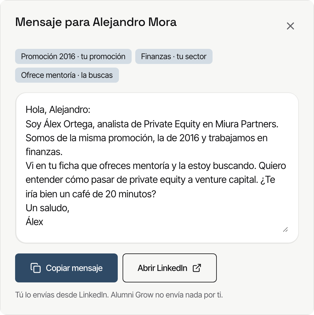 Grow redacta el mensaje para Alejandro Mora; se envía desde LinkedIn